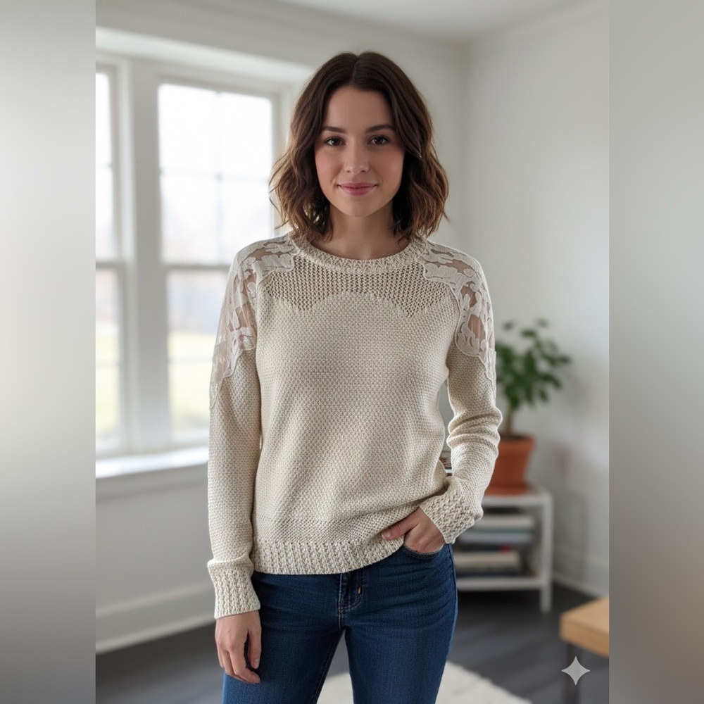 Absolutely ✨ Cream Knit Sweater w/ Sheer Lace Shoulders | Stitch Fix | Size S